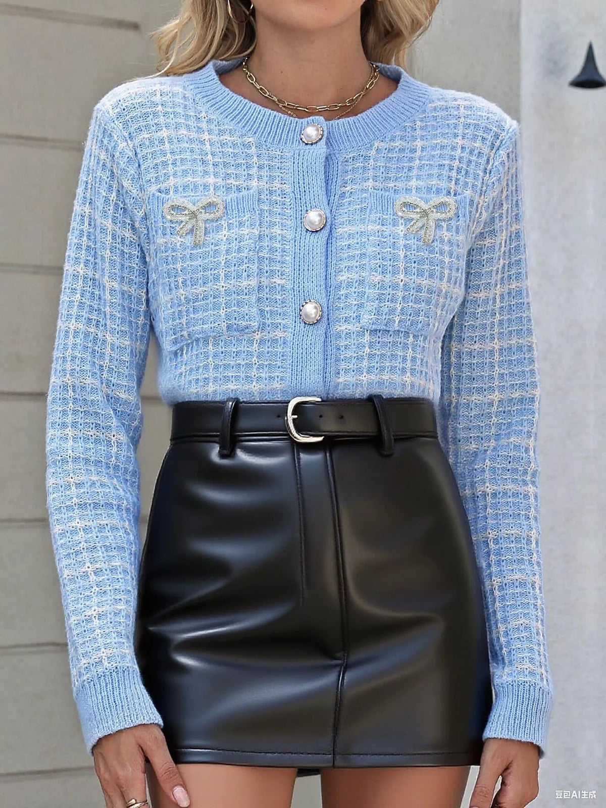 Tweed-style bow button-down cardigan