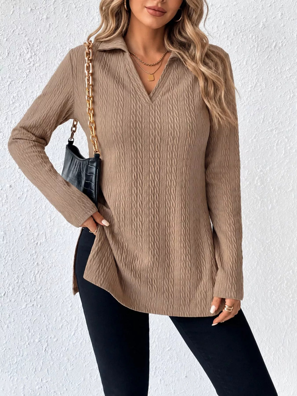 Textured V-Neck Long Sleeve Top with Side Slit in mocha
