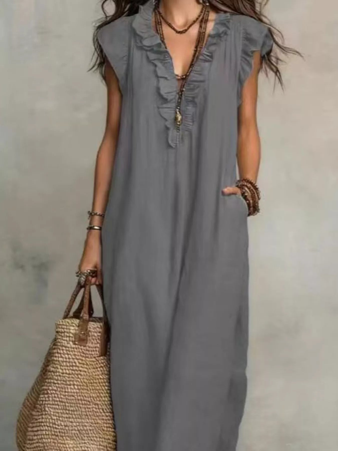 Trendsi Full Size Bohemian Ruffle Neck Maxi Dress Plus Size -