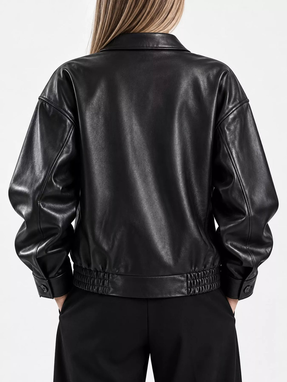 Black zip-up jacket, back view
