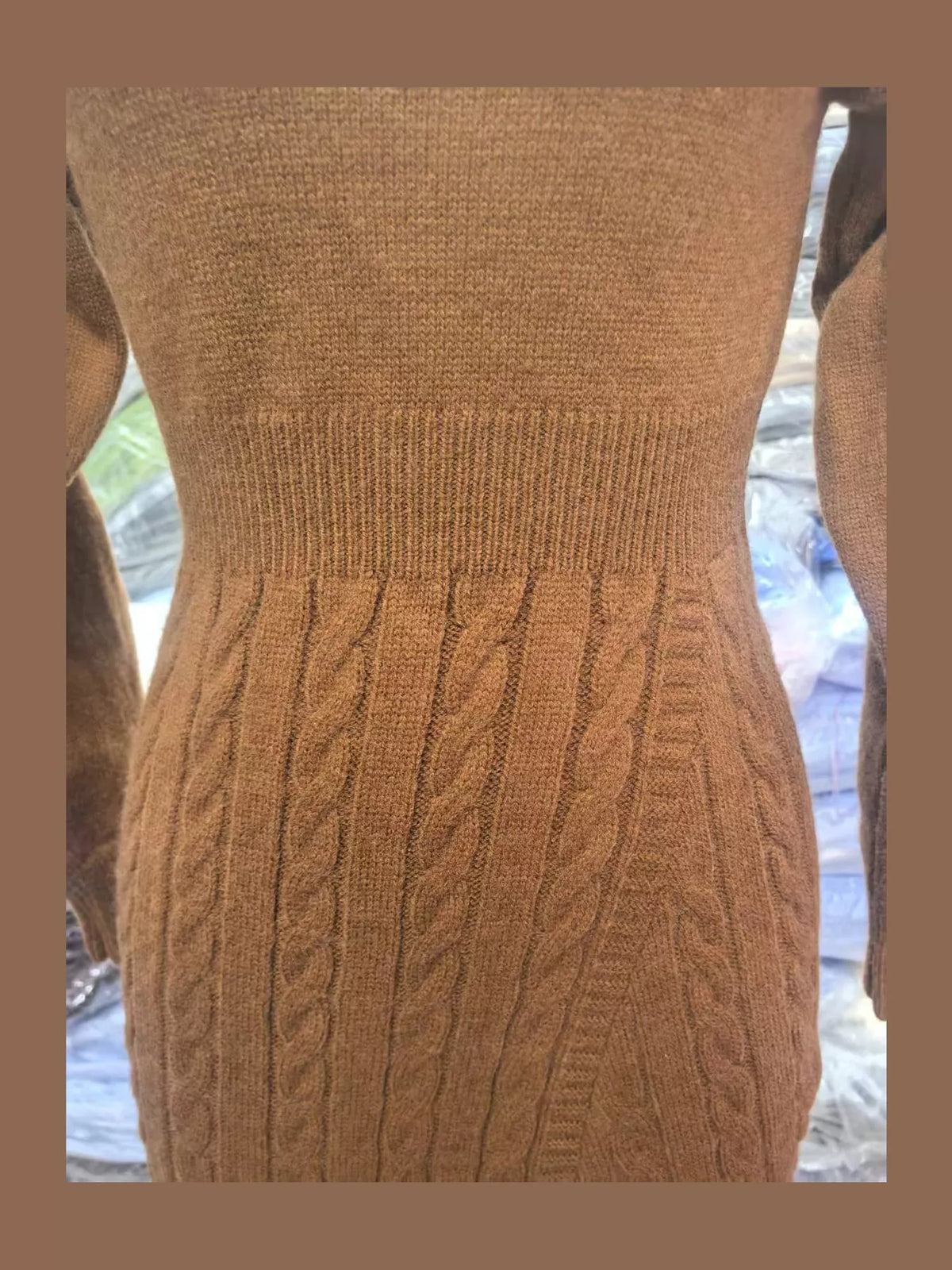 Women's Mock Neck Cable Knit Sweater Dress with Front Slit in brown — waist detail view
