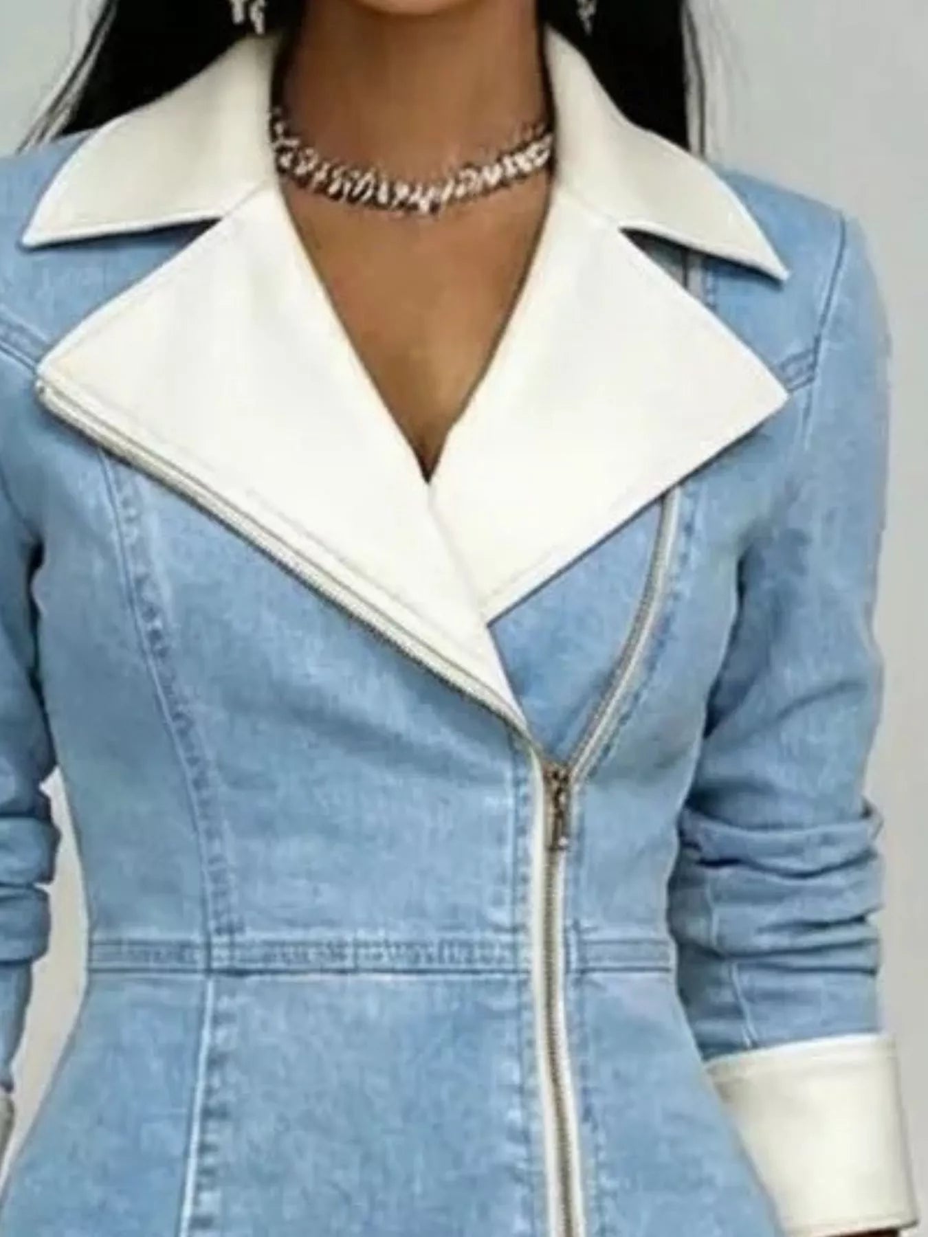 Trendsi Full Size Contrast Lapel Zip-Front Denim Dress Plus Size -