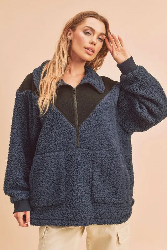 Two-tone half-zip fleece short-sleeve sweatshirt