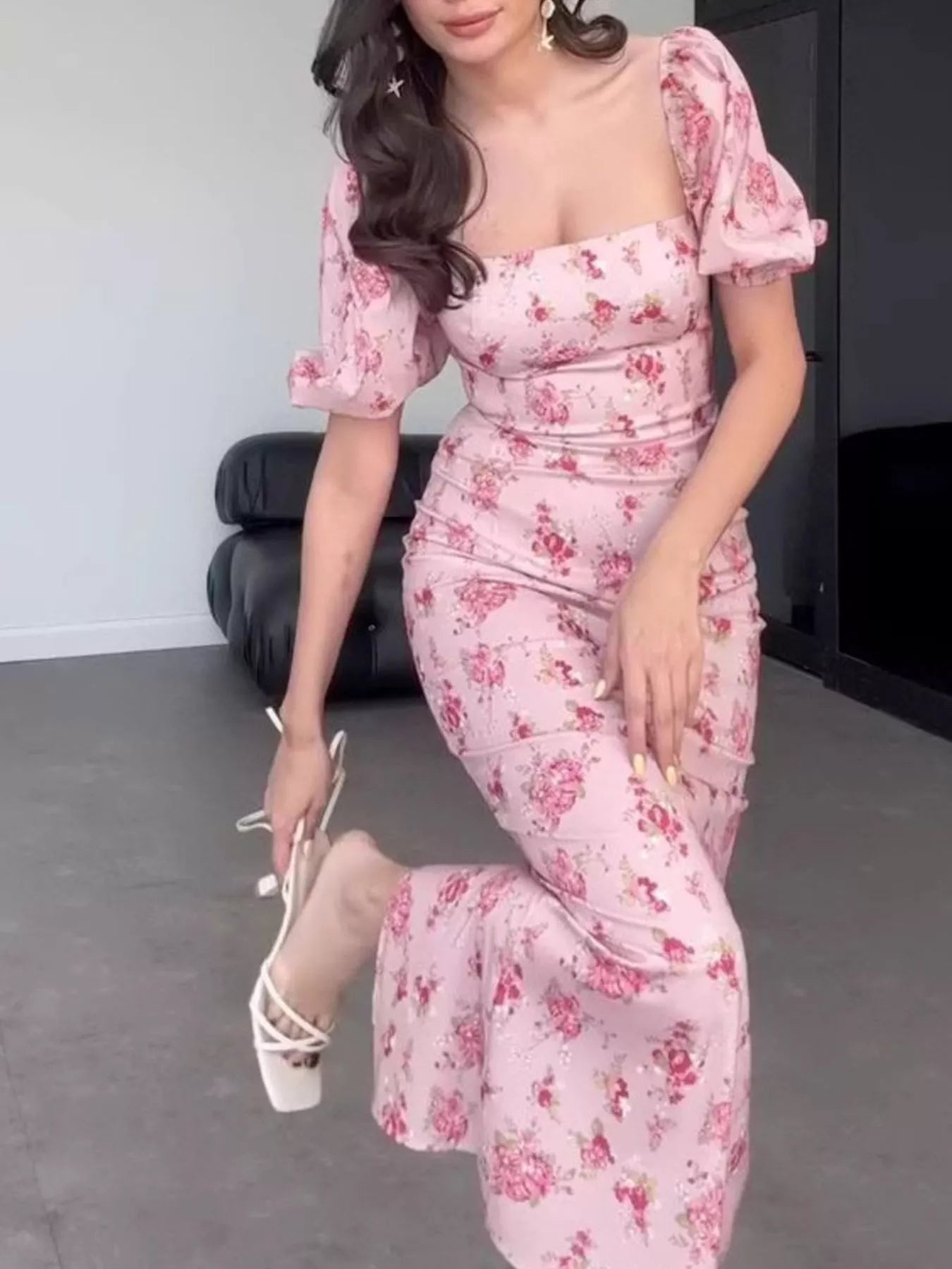 Trendsi Floral Puff Sleeve Ruched Midi Dress -