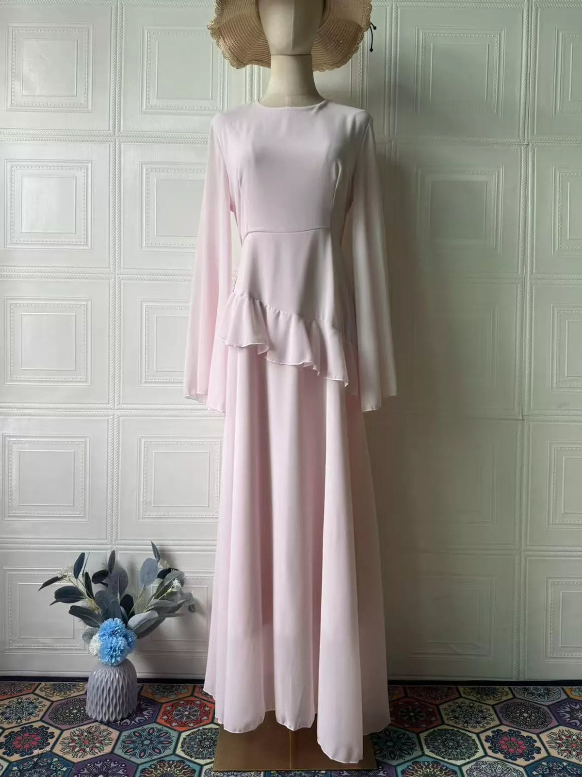 Pink ruffled flare sleeve maxi dress, front view