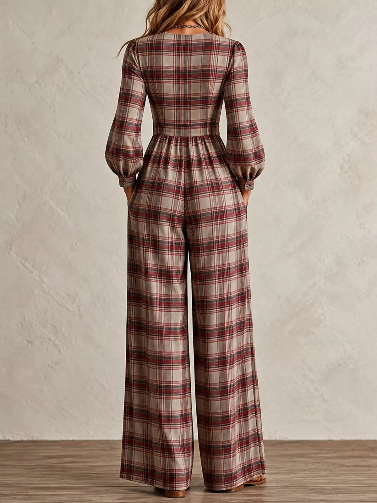 Plaid jumpsuit, burgundy plaid back