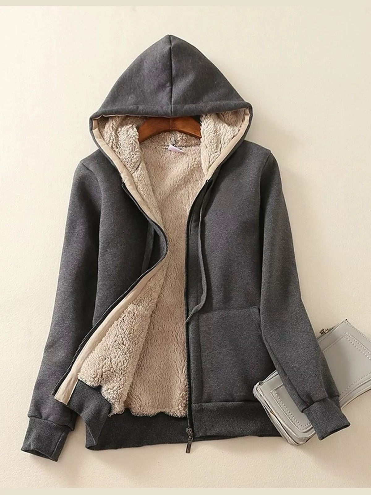 Fleece-Lined Thermal Zip-Up Hoodie in dark gray, front view