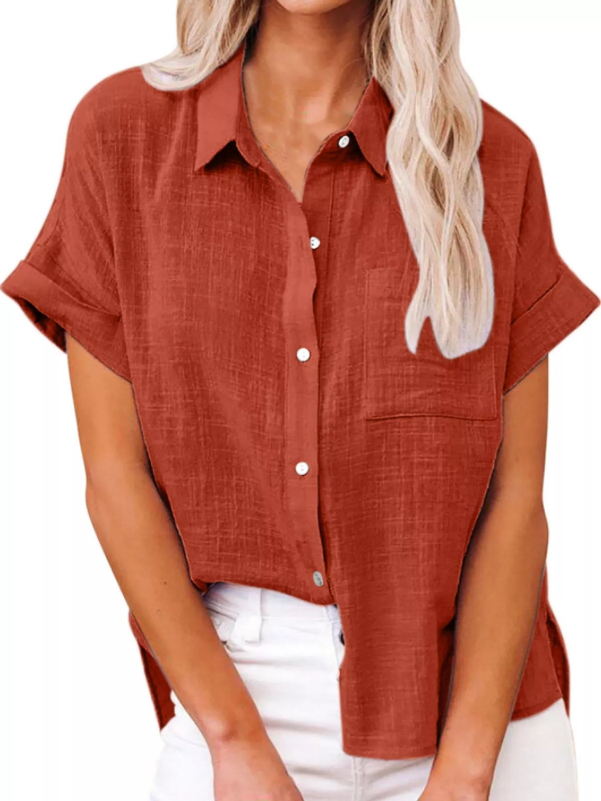 Women's Button Up Short Sleeve Shirt in rust — front view