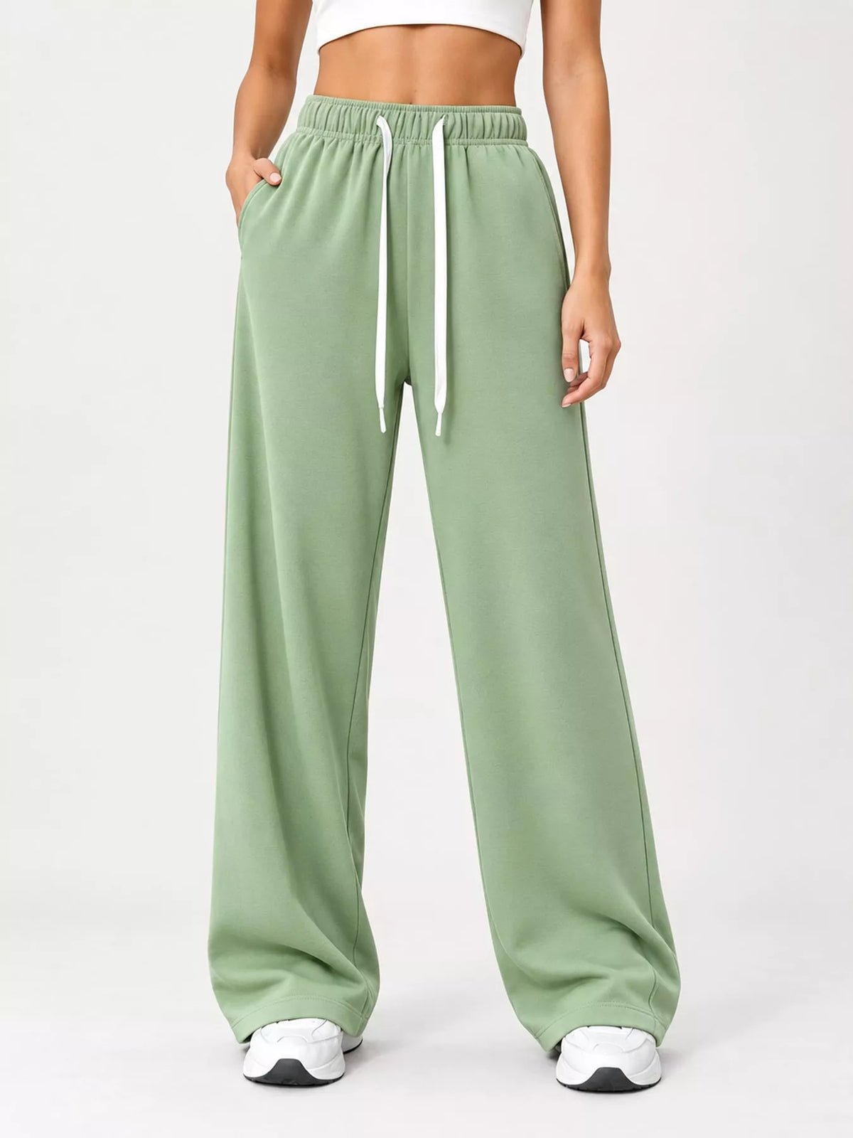 Mint green wide-leg pants with drawstring