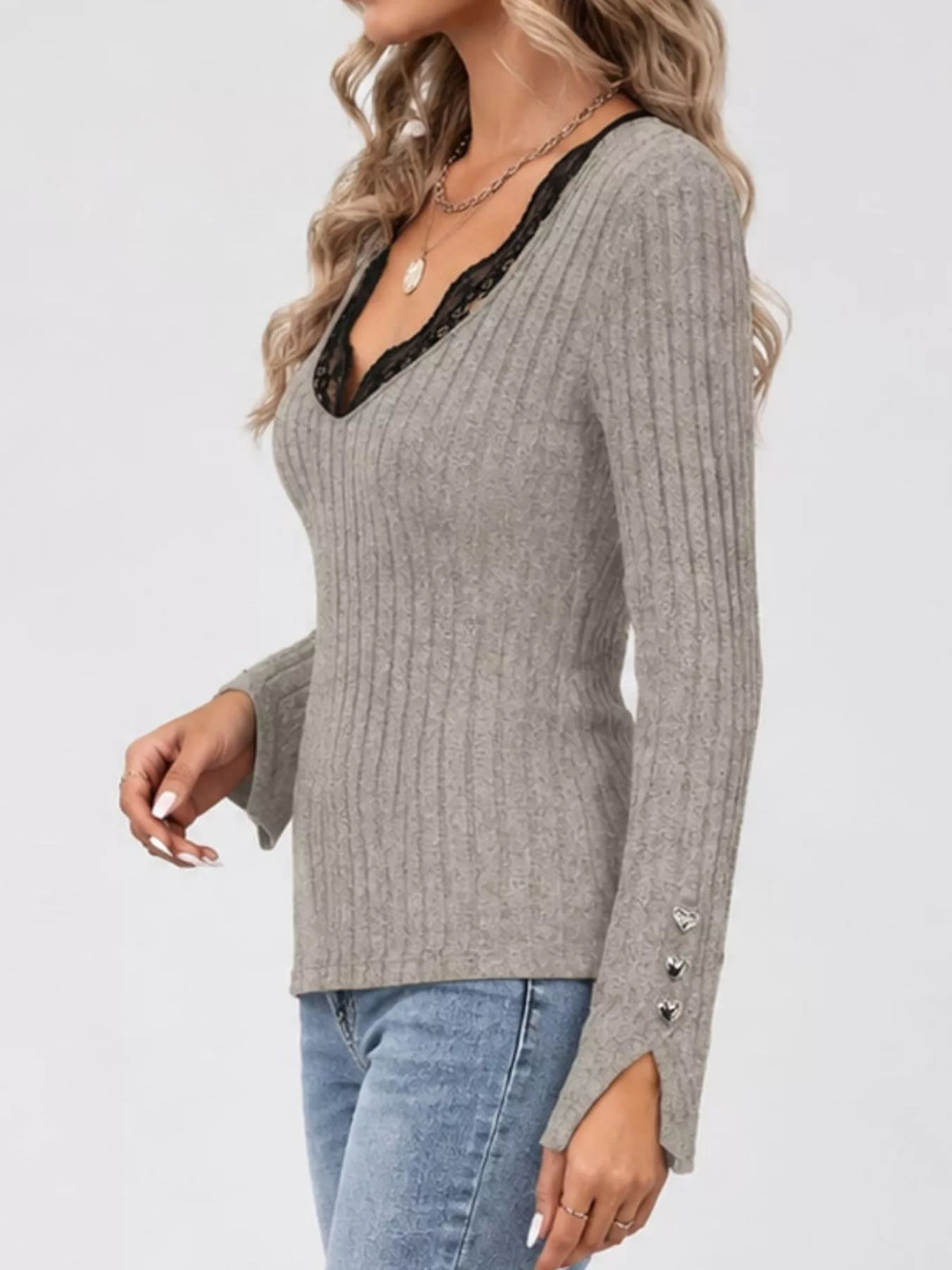 Coffee Lace Trim V-Neck Ribbed Knit Top with Heart Decor Cuffs, side view