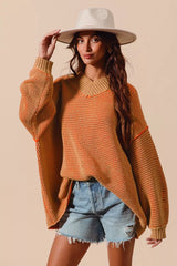 Trendsi SO ME Oversized Two Tone Textured V Neck Sweater -