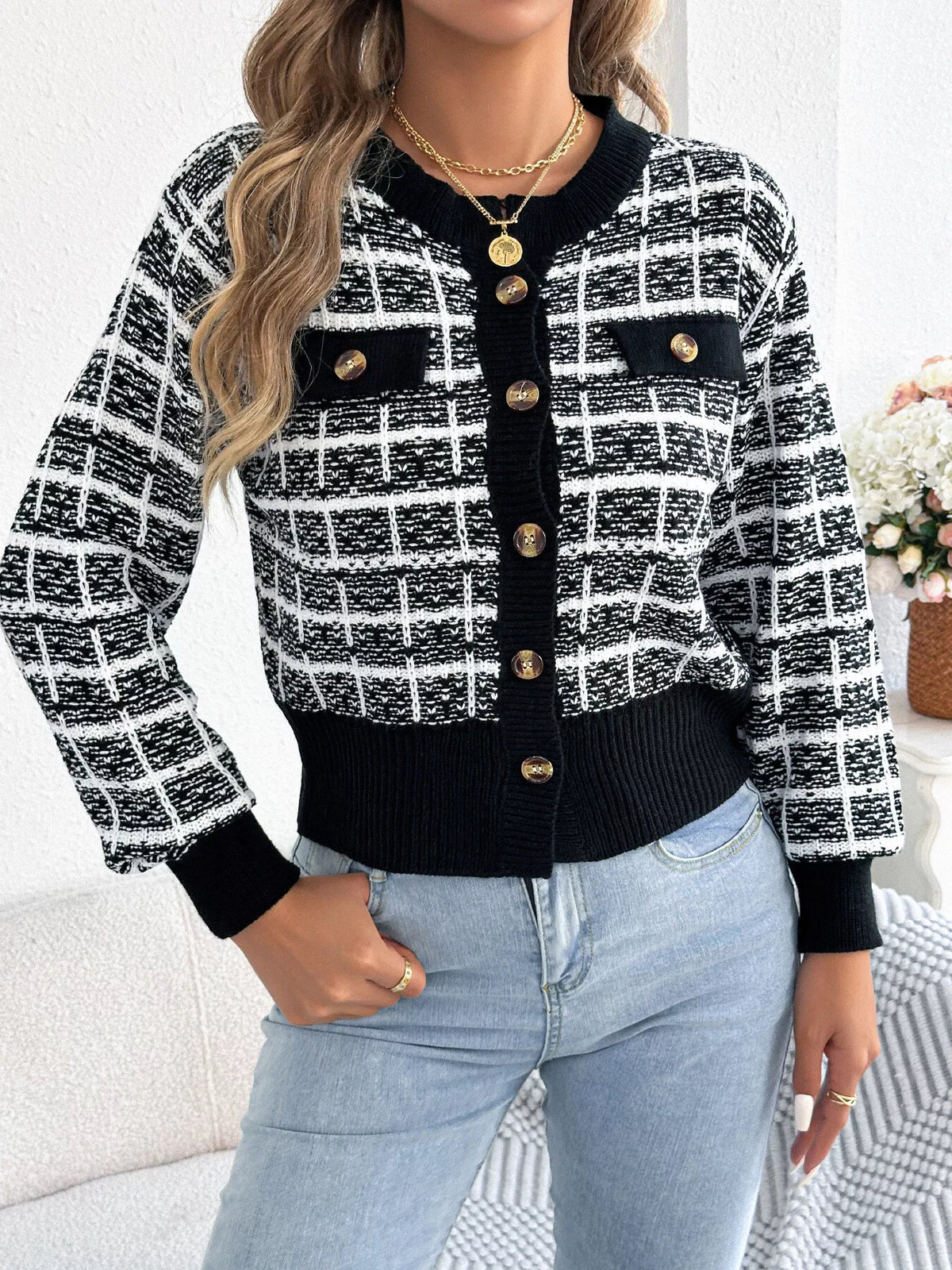 Black plaid tweed-style knit cardigan