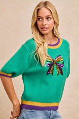 Trendsi BiBi Mardi Gras Sequin Ribbon Patched Sweater -