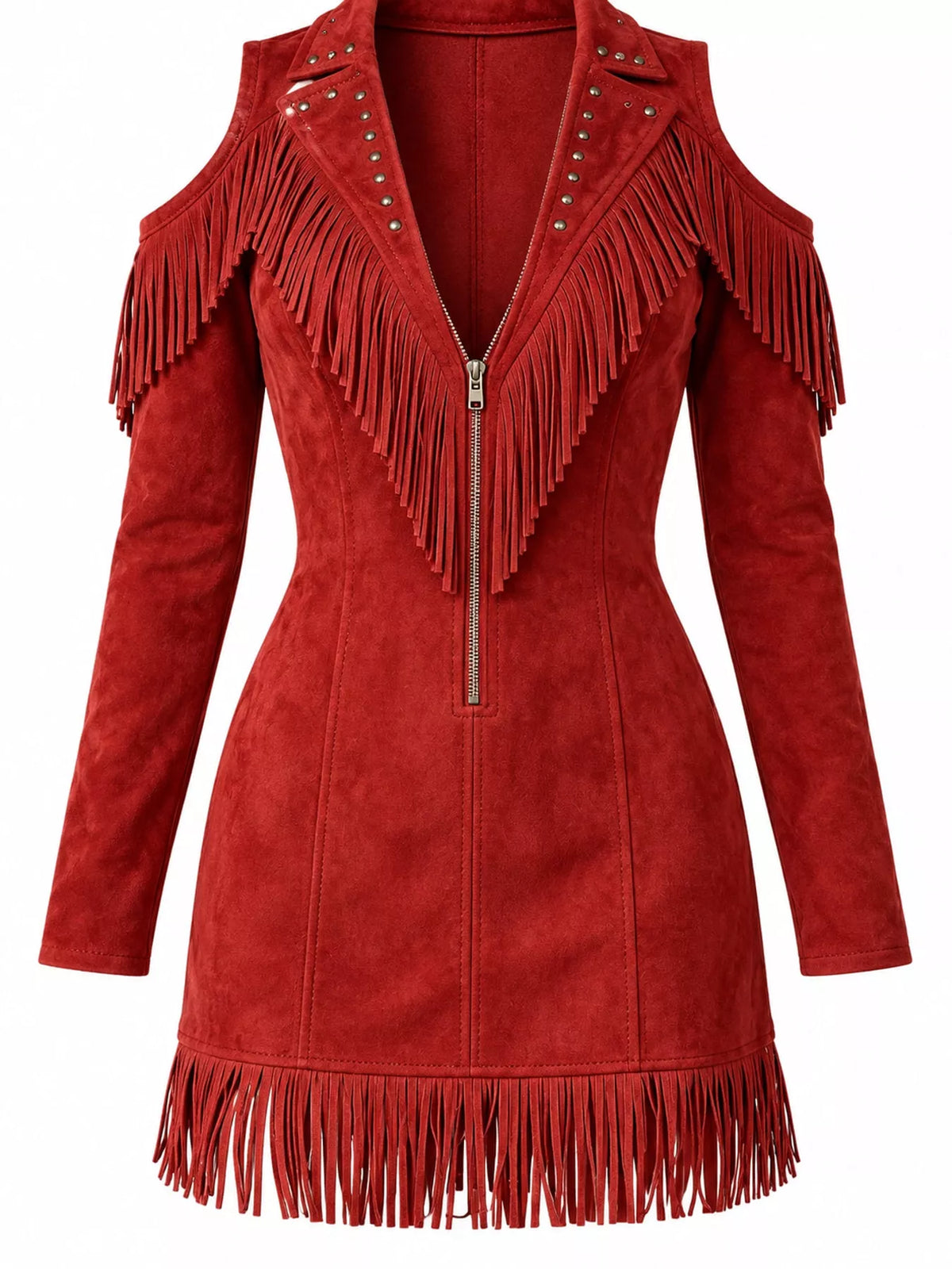 Fringed cold-shoulder dress, red fringe and zip front