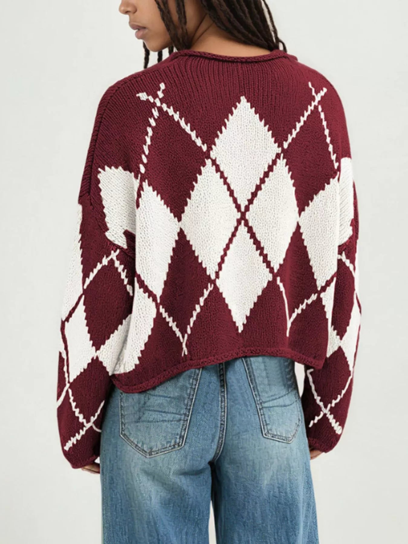 Trendsi Argyle Pattern Knit Dropped Shoulder Sweater -