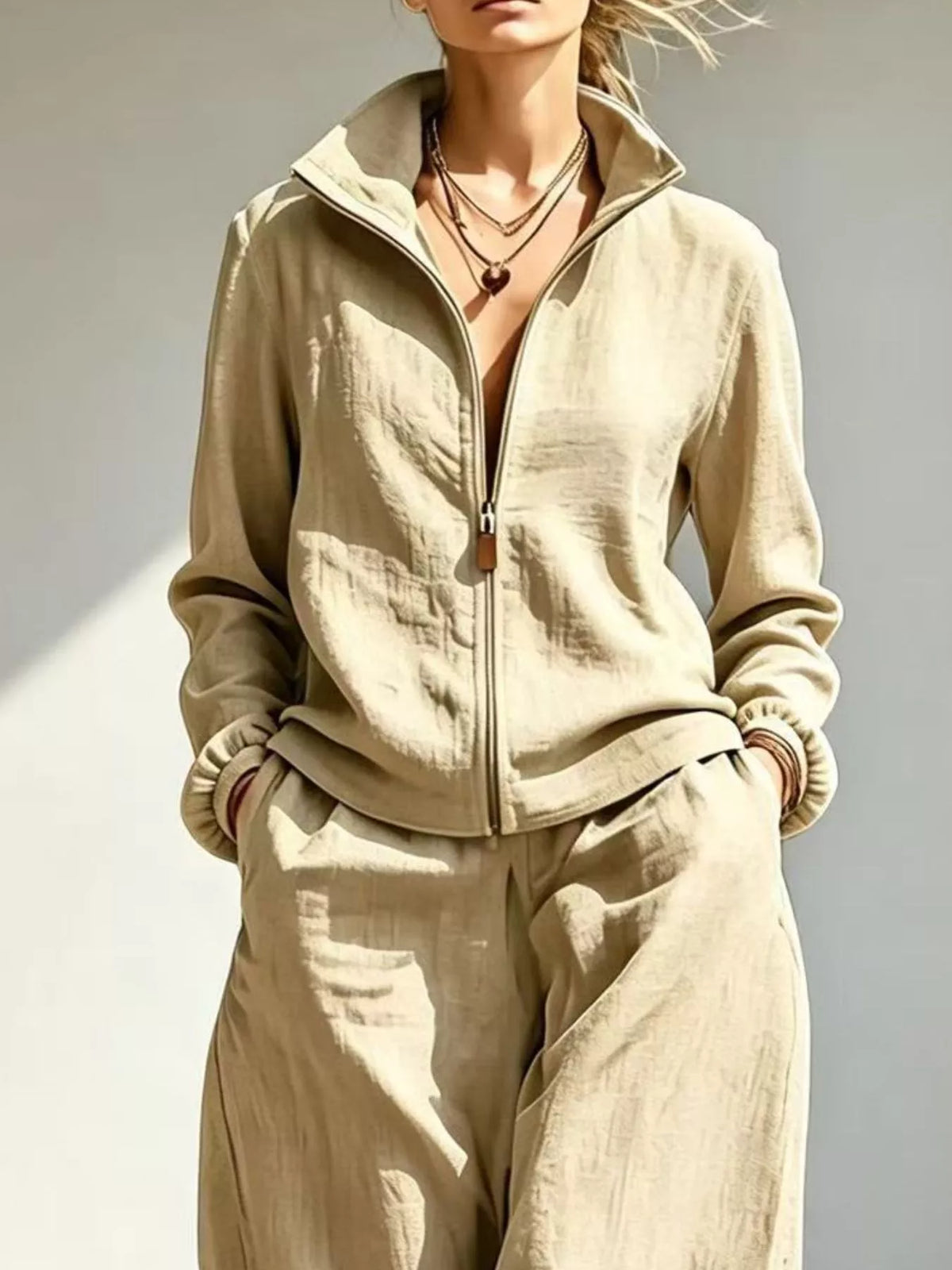 Jacket and pants set, beige jacket detail