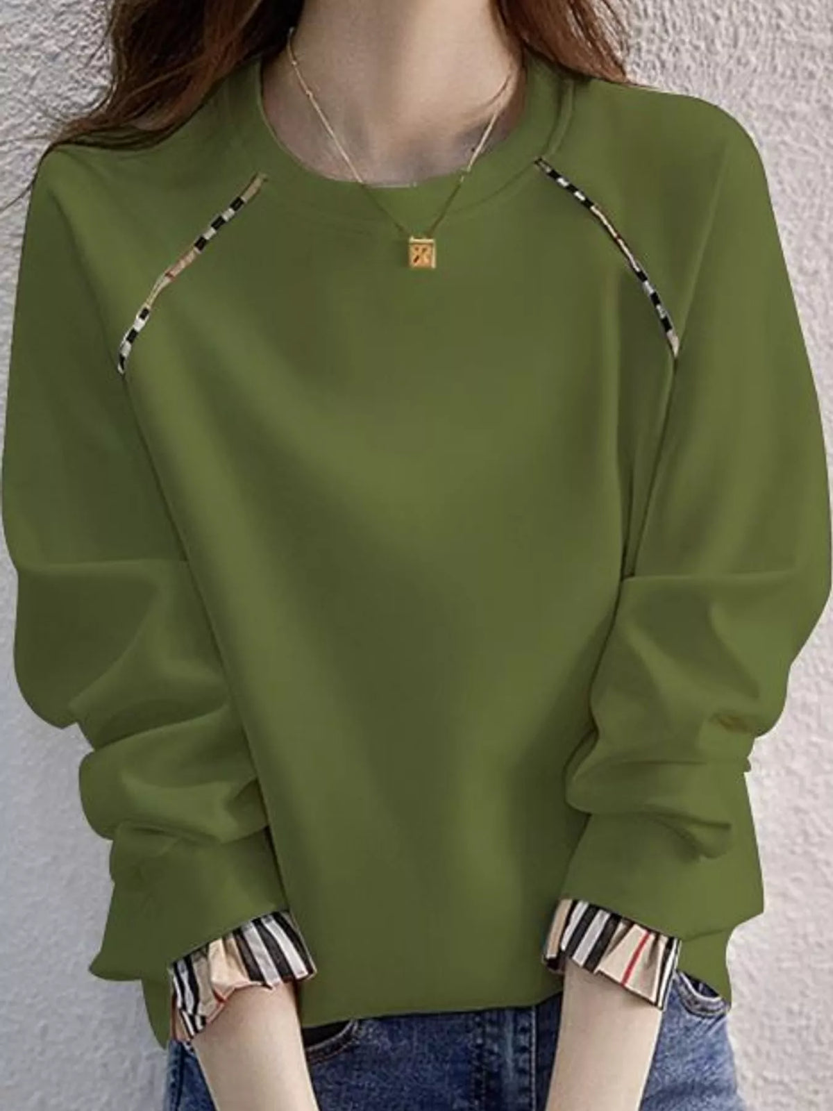 Plaid-trim sweatshirt, green front