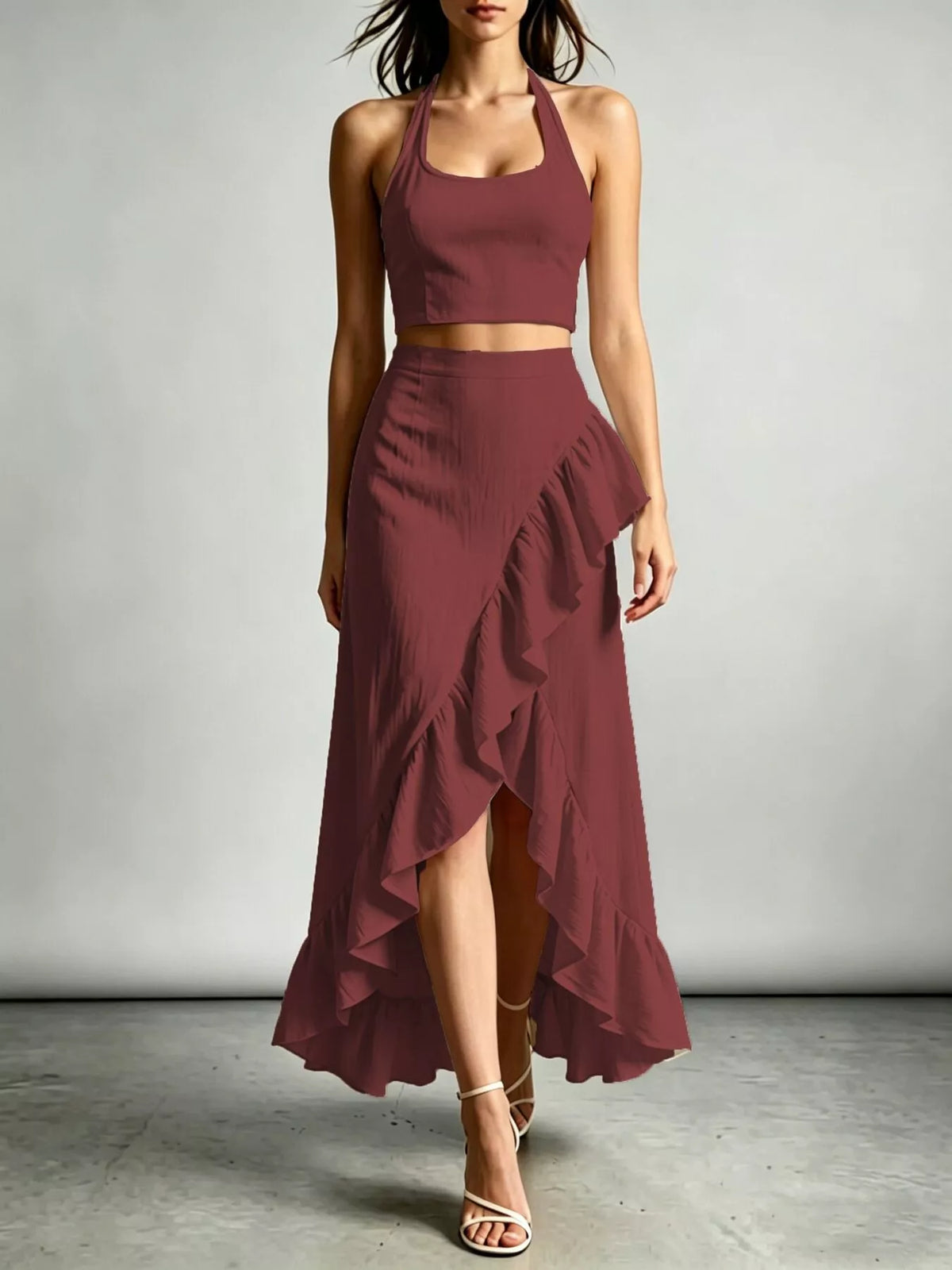 Burgundy Halter Neck Crop Top and High-Low Maxi Skirt Two-Piece Set front view