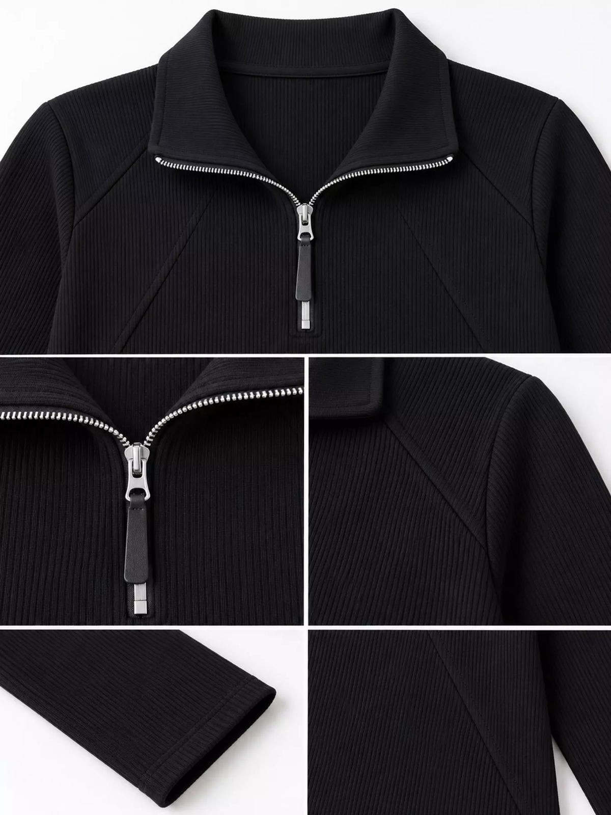 Quarter-zip ribbed top, black collar zip and fabric details