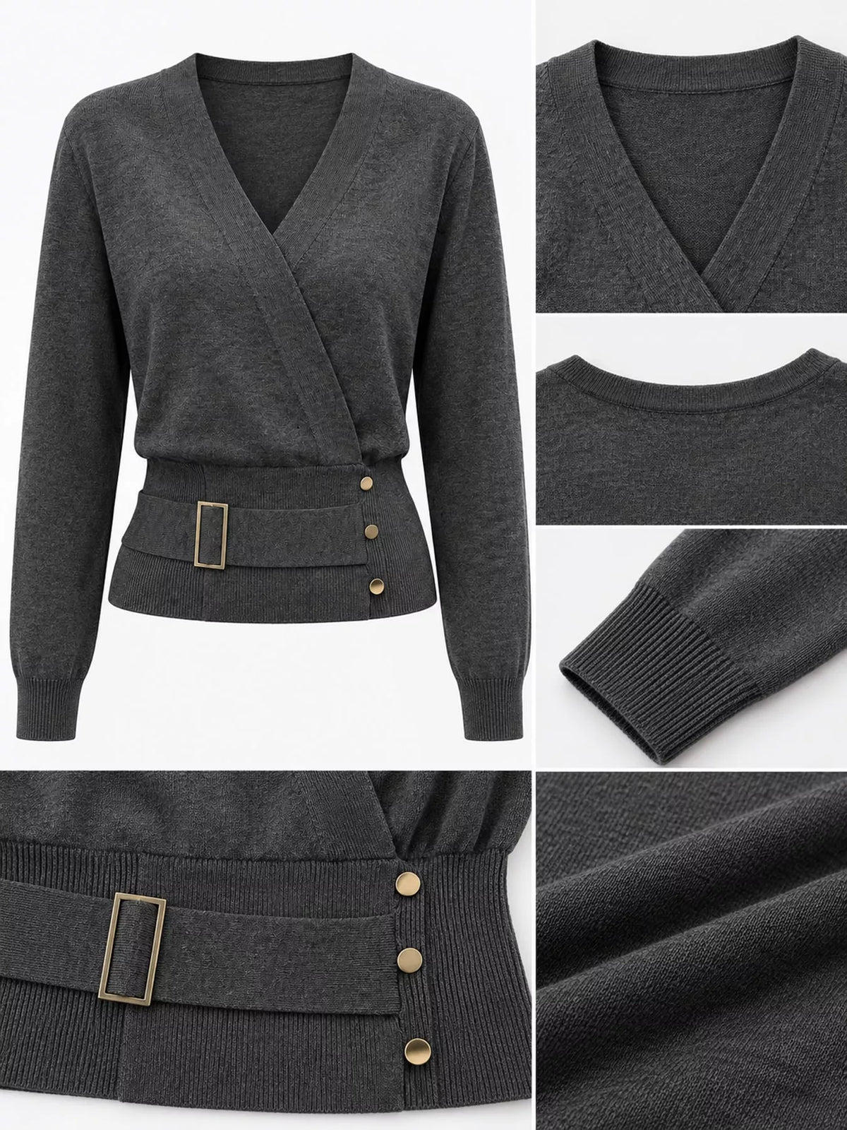 Surplice knit top, gray detail collage