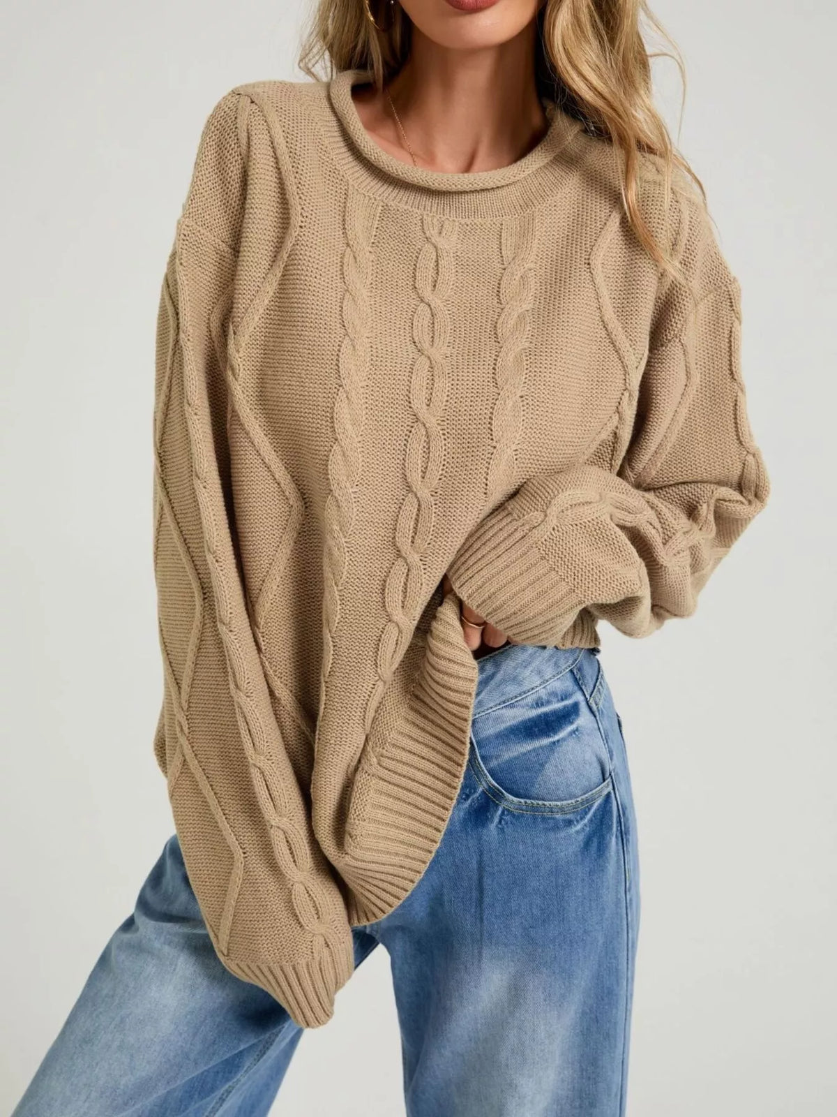 Trendsi Cable Knit Ribbed Hem Sweater -