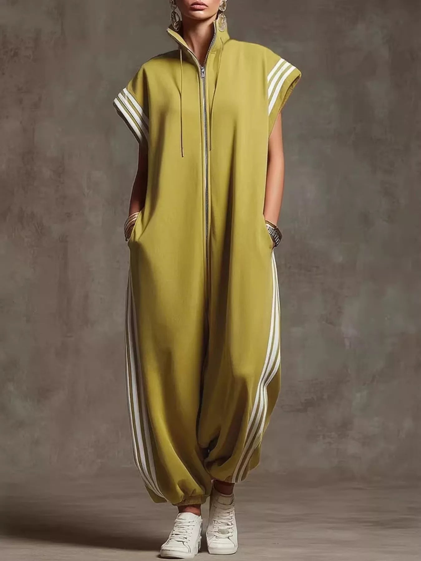 Trendsi Full Size Side Stripe Zip-Front Wide Leg Jumpsuit Plus Size -