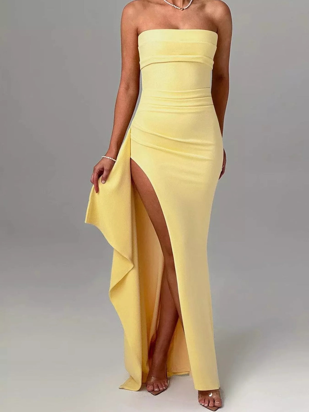 Yellow strapless high slit bodycon maxi evening dress, front view