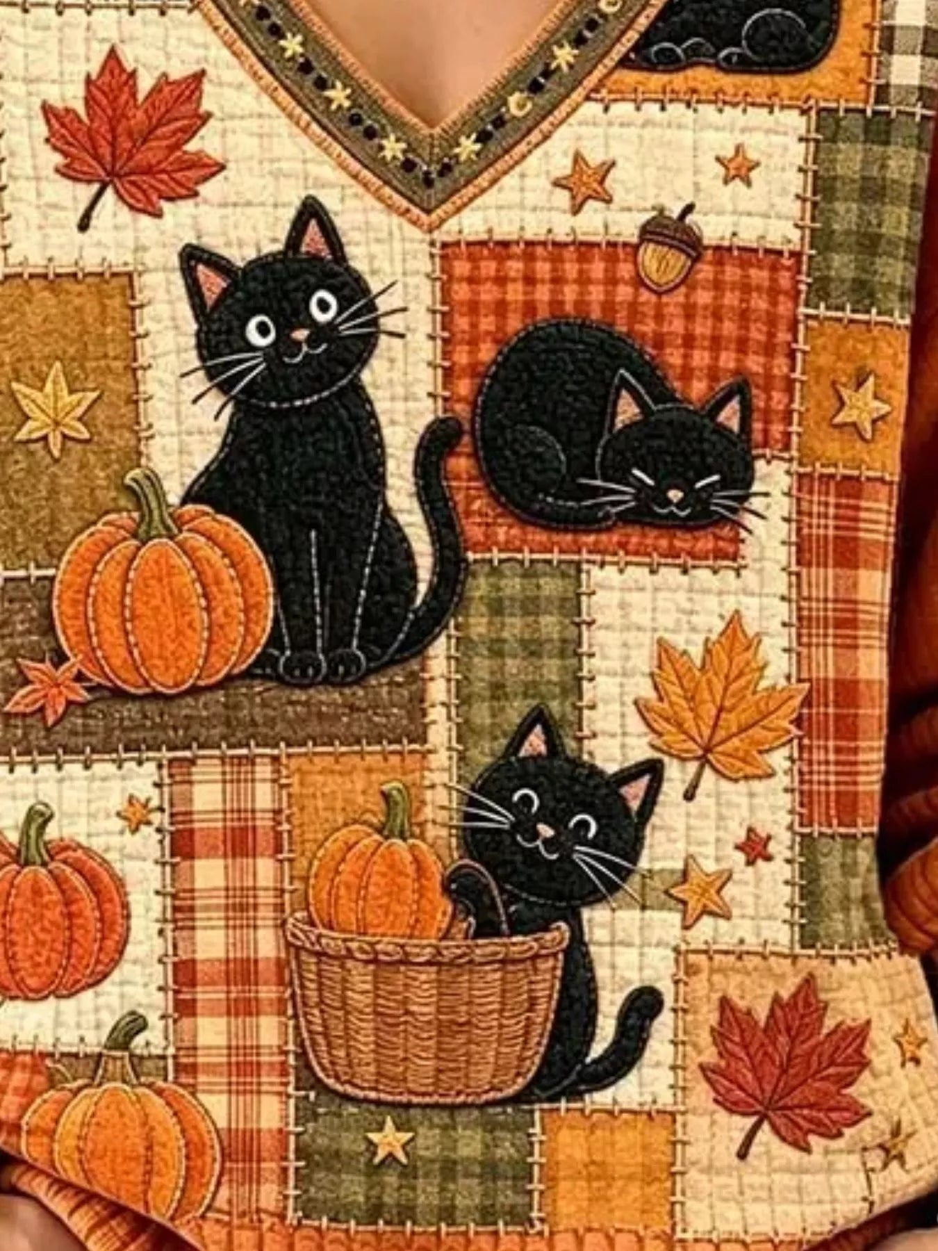 Trendsi Full Size Cat and Pumpkin V-Neck Sweater Plus Size -