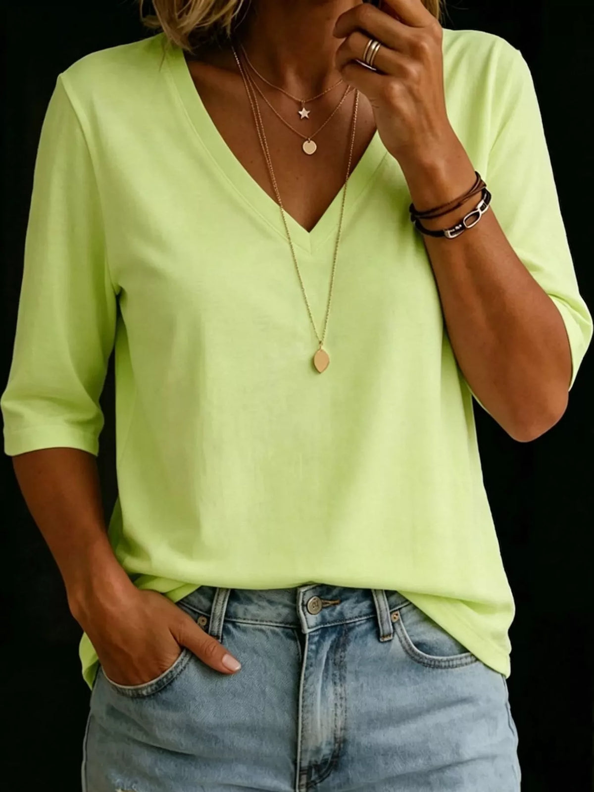 Lime green V-neck half sleeve T-shirt