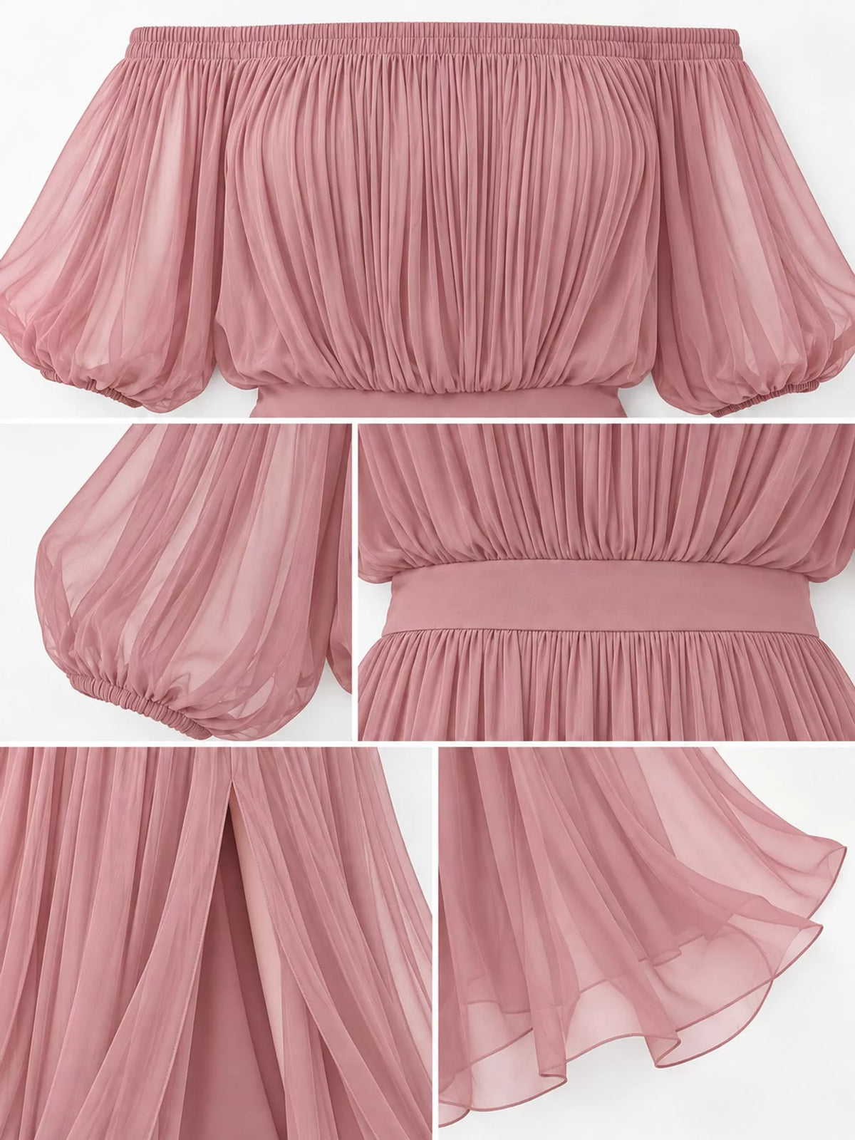 Pink off shoulder ruched chiffon maxi dress, detail view