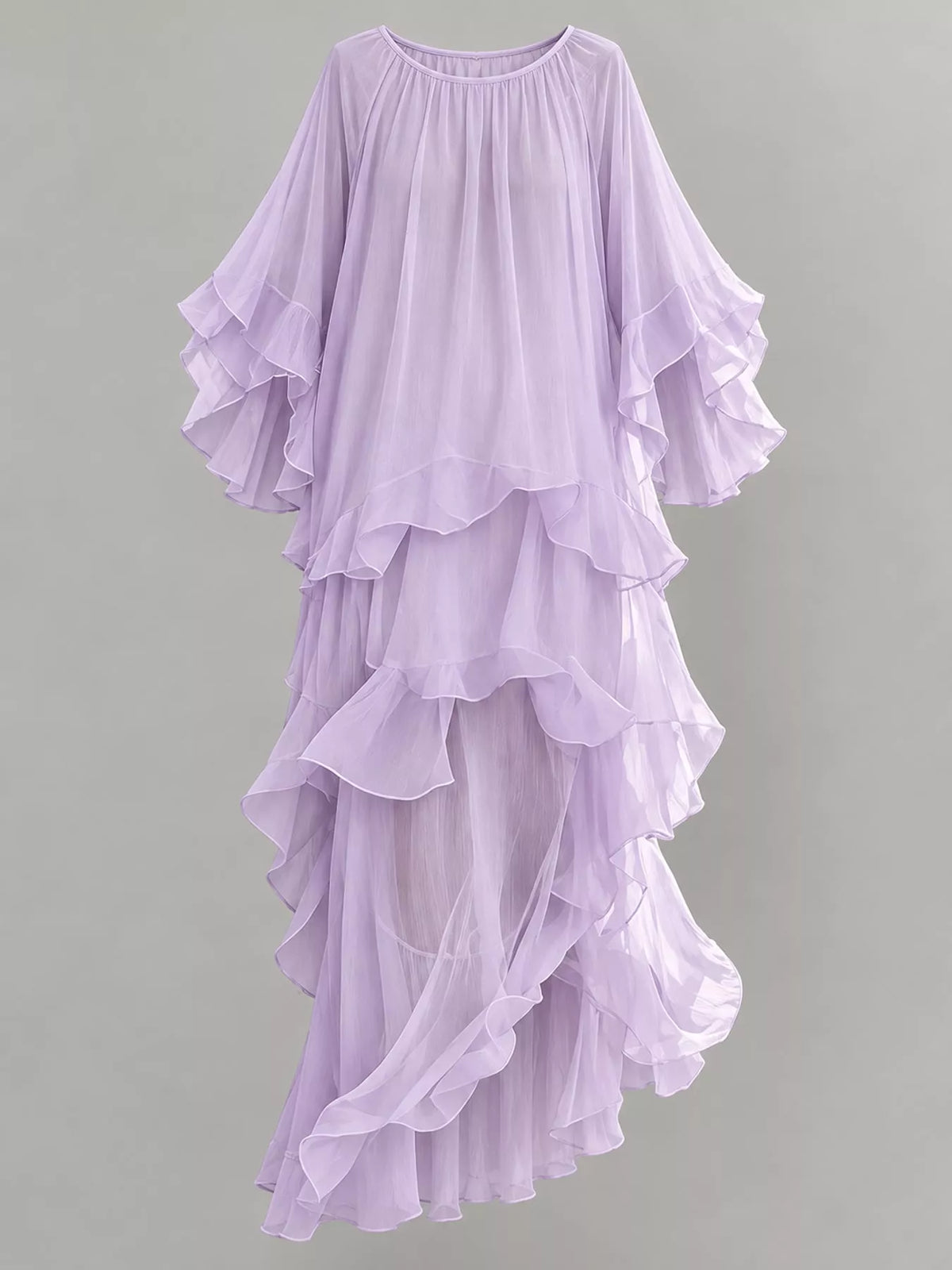 Purple ruffled layered bohemian maxi dress, front view