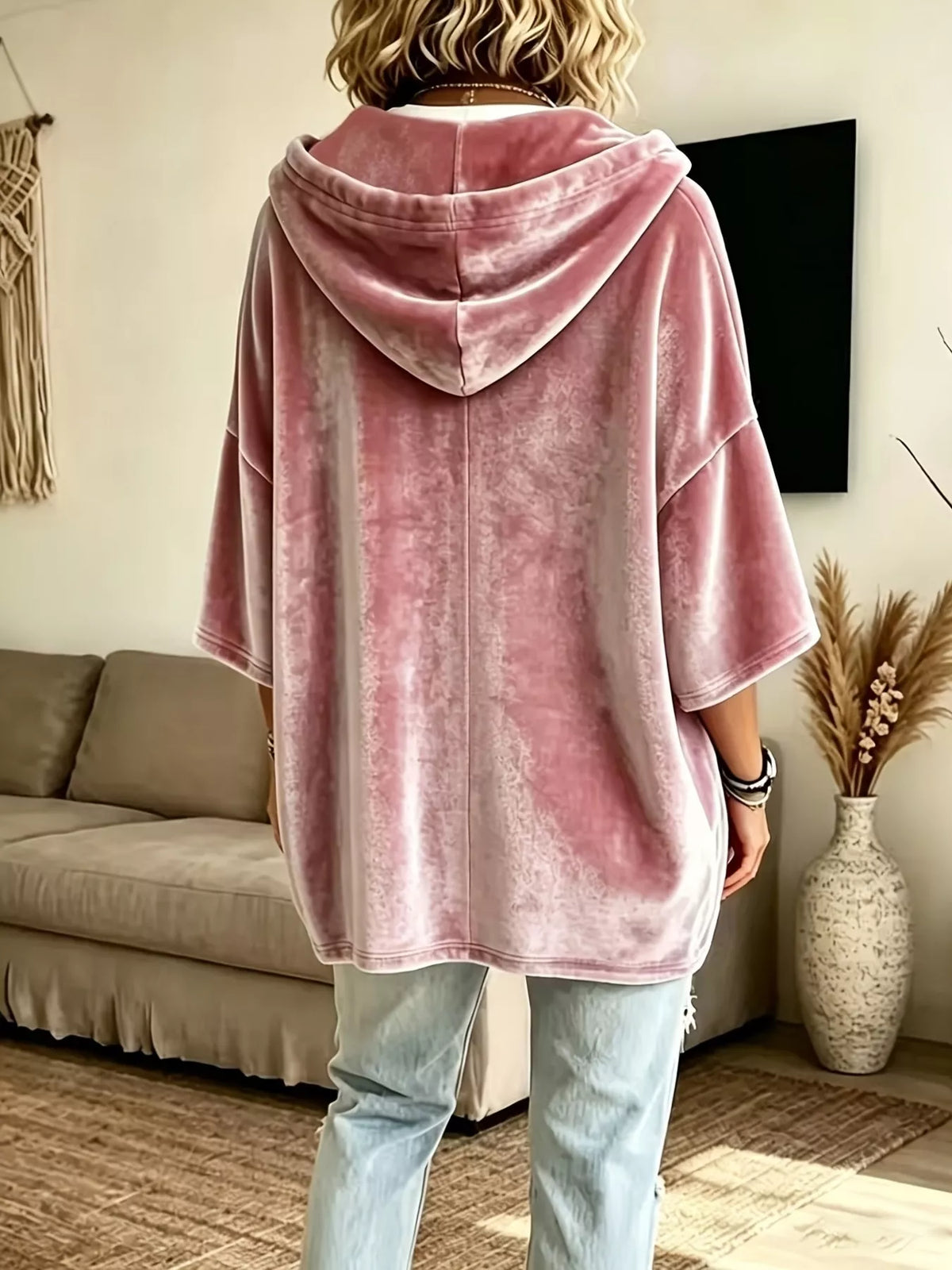 Trendsi Full Size Velvet 3/4 Sleeve Hoodie with Kangaroo Pocket Plus Size -
