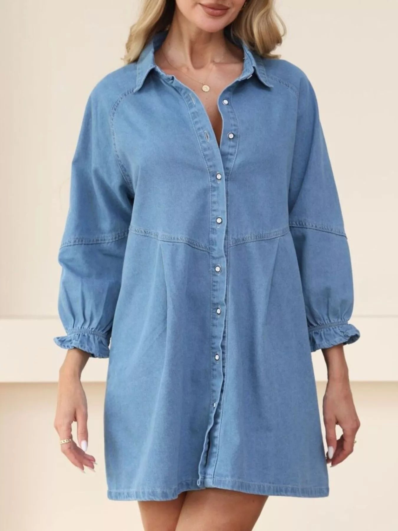 Trendsi Classic Button-Down Long Sleeve Denim Shirt Dress -