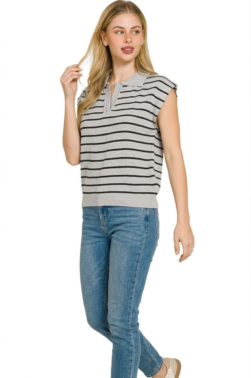 Women's Striped Viscose Sleeveless Sweater Vest With Polo Collar — product view 3