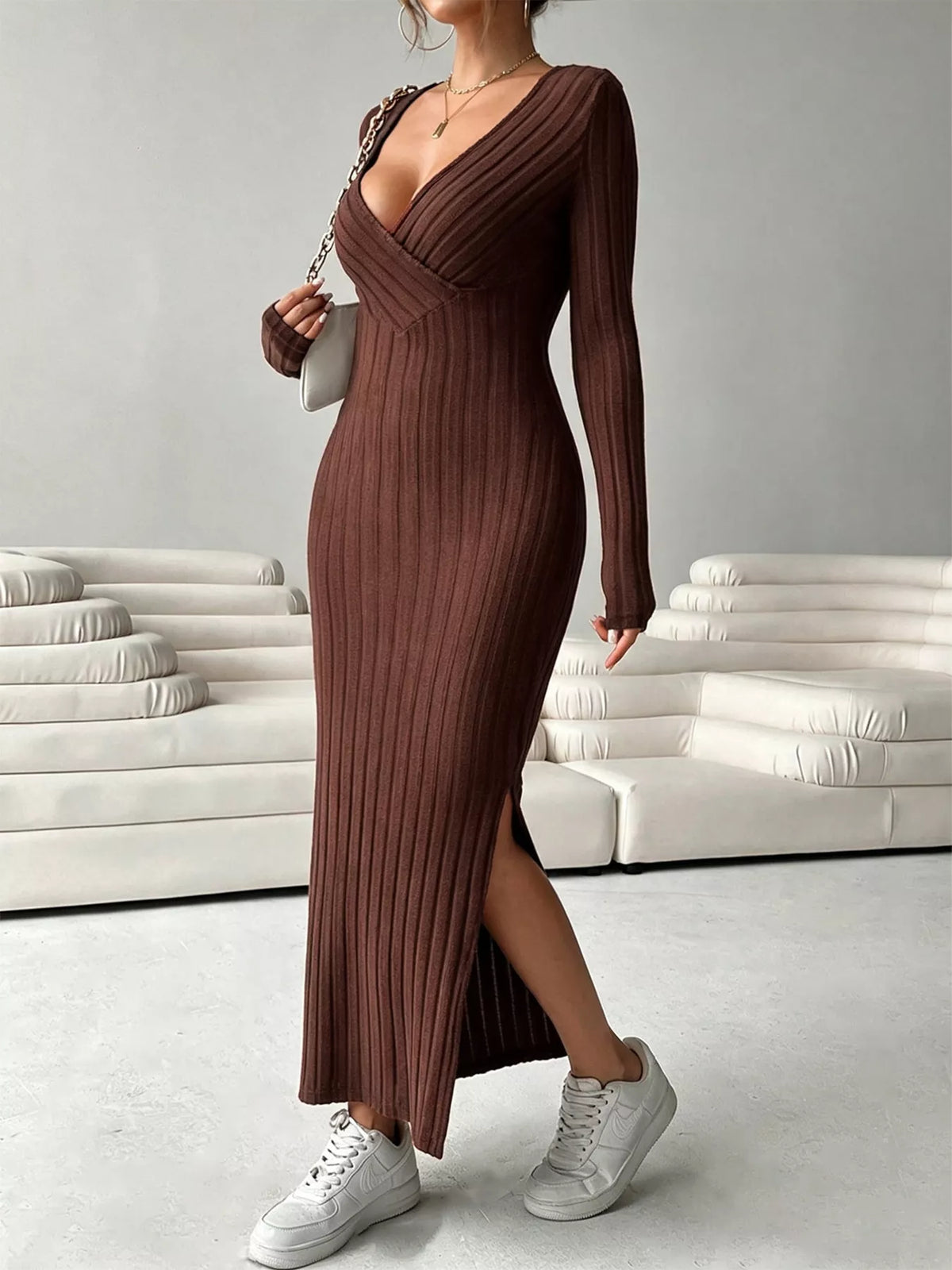 Slit long sleeve ribbed-knit maxi dress