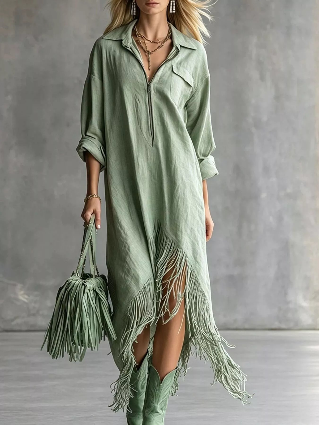 Trendsi Fringe Hem Zip-Up Shirt Dress -