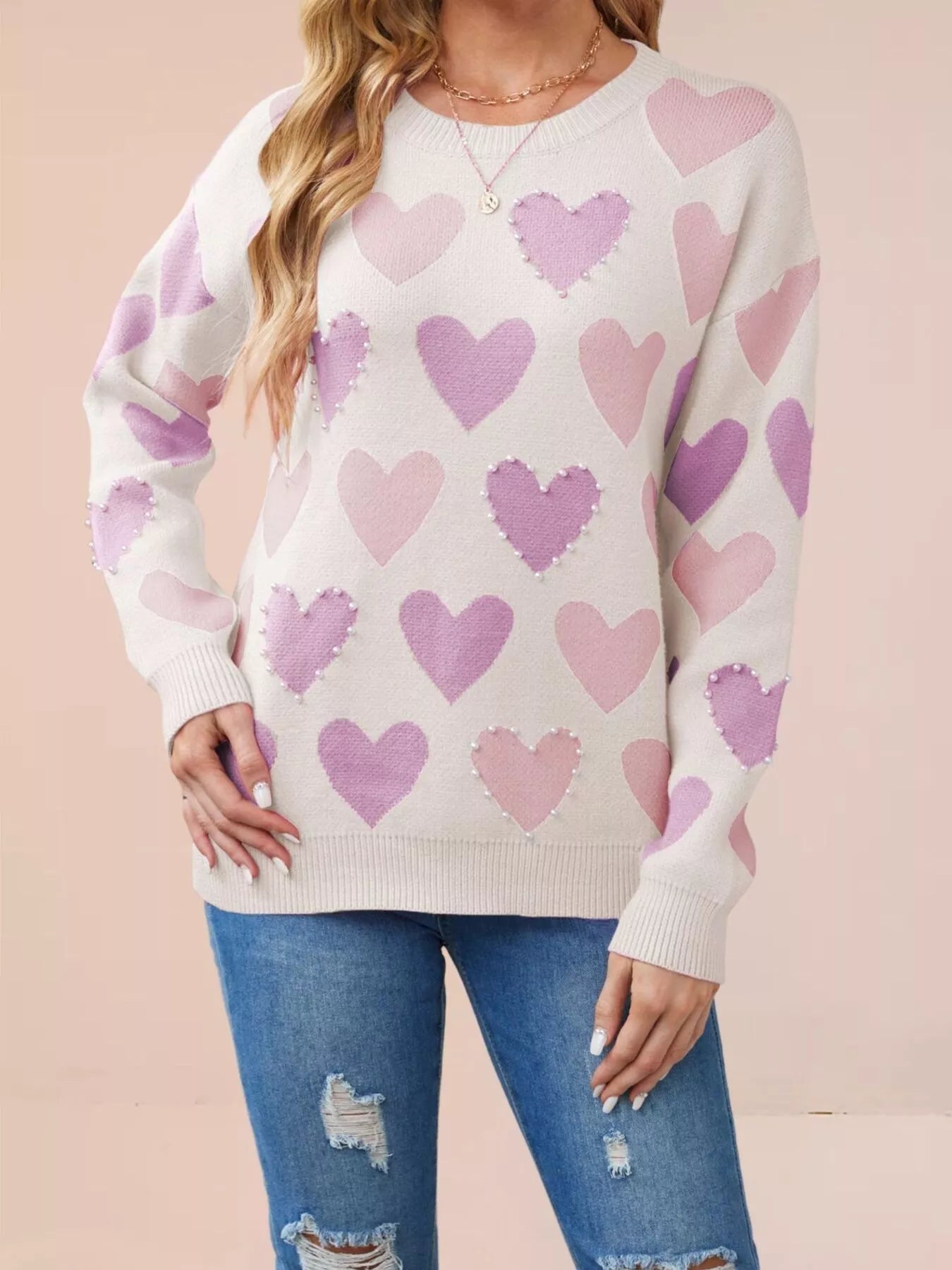 Trendsi Heart Pattern Pearl Embellishments Sweater -