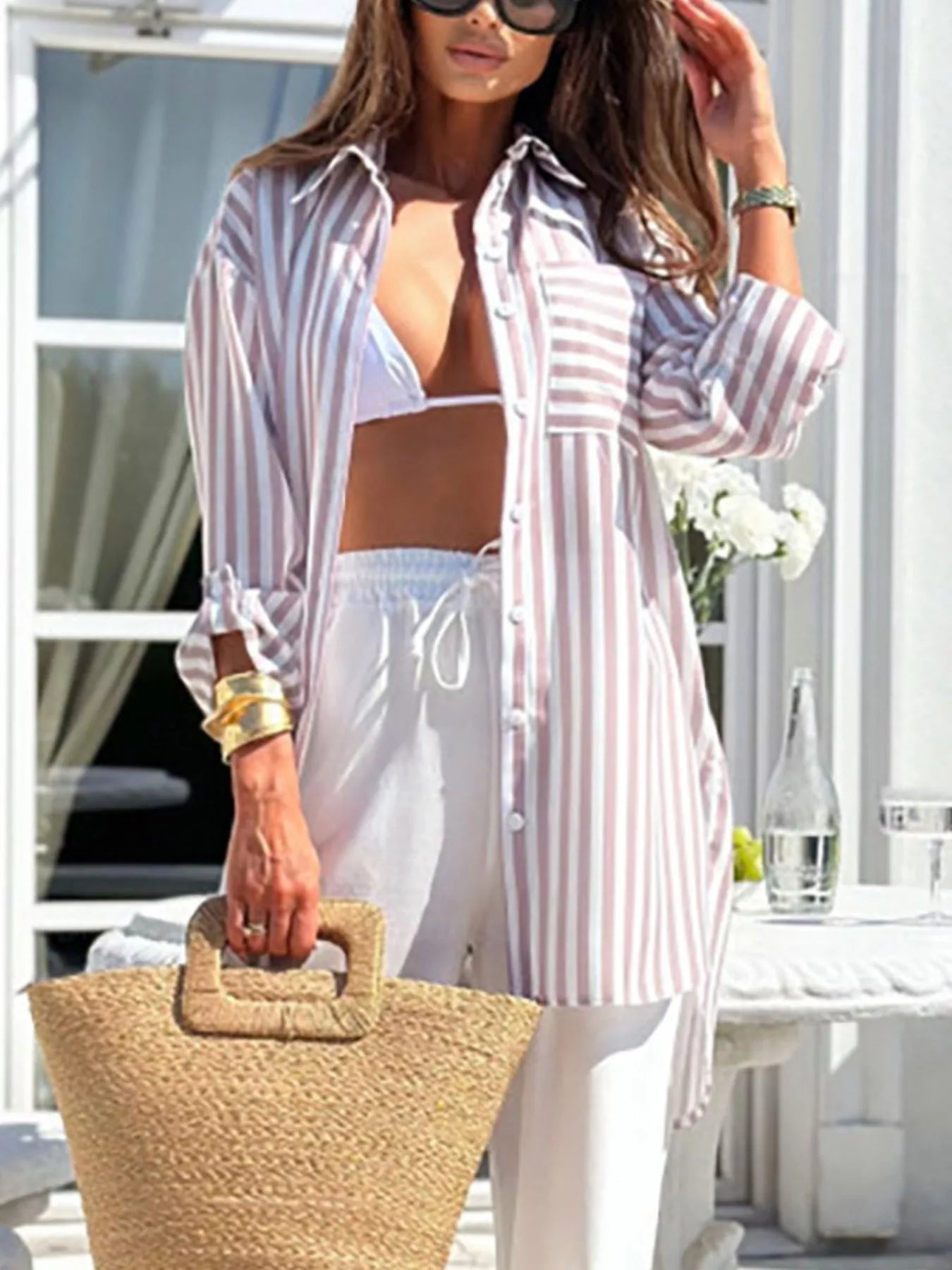 Trendsi Printed Long Sleeve Tie Waist Oversized Shirt -