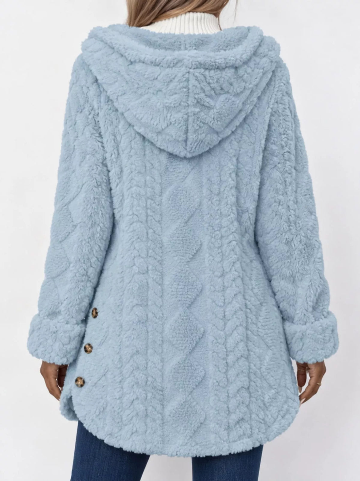 Gray cable knit faux fur hooded jacket, back view