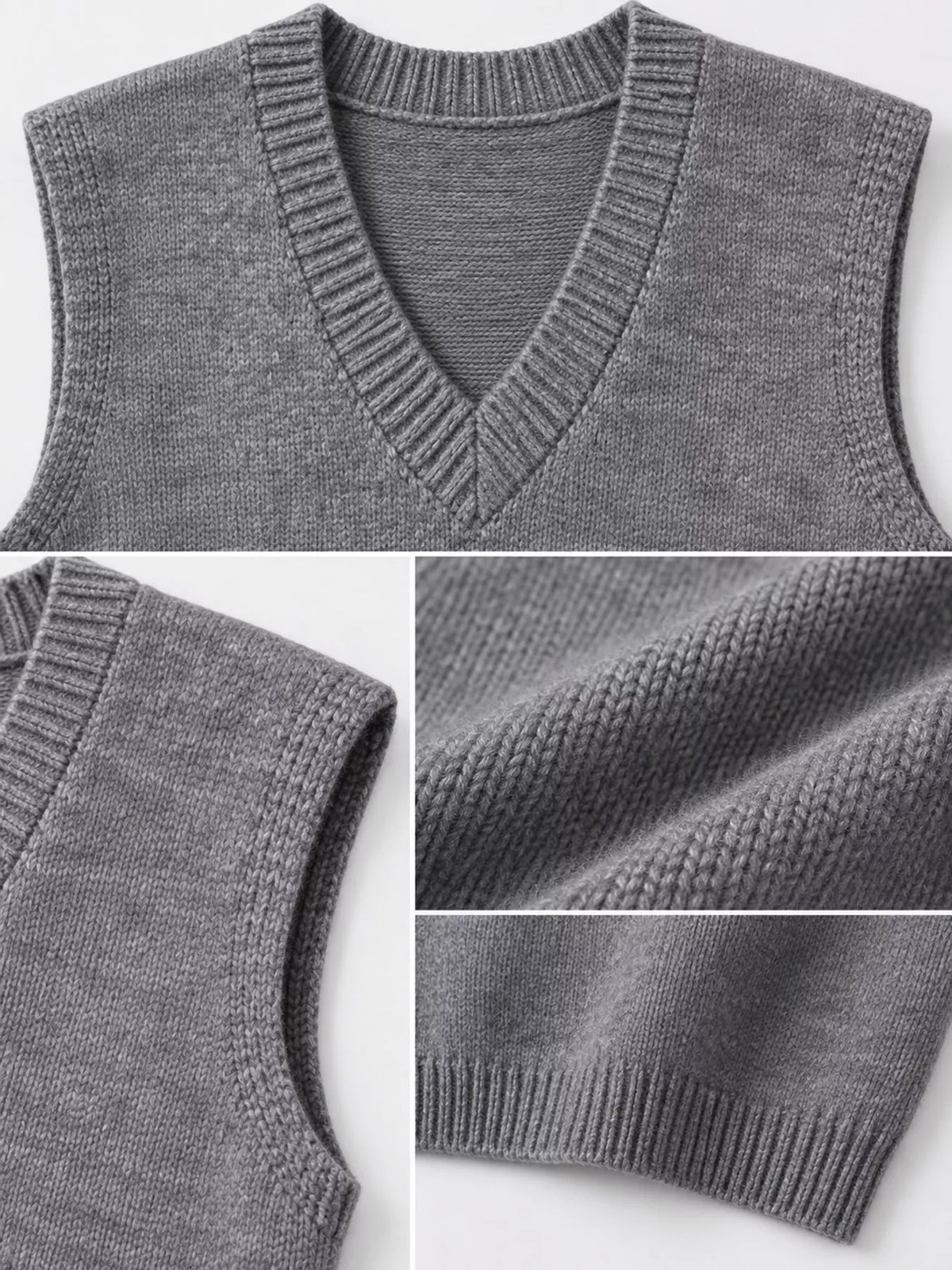 Gray v-neck knit sweater vest, detail view