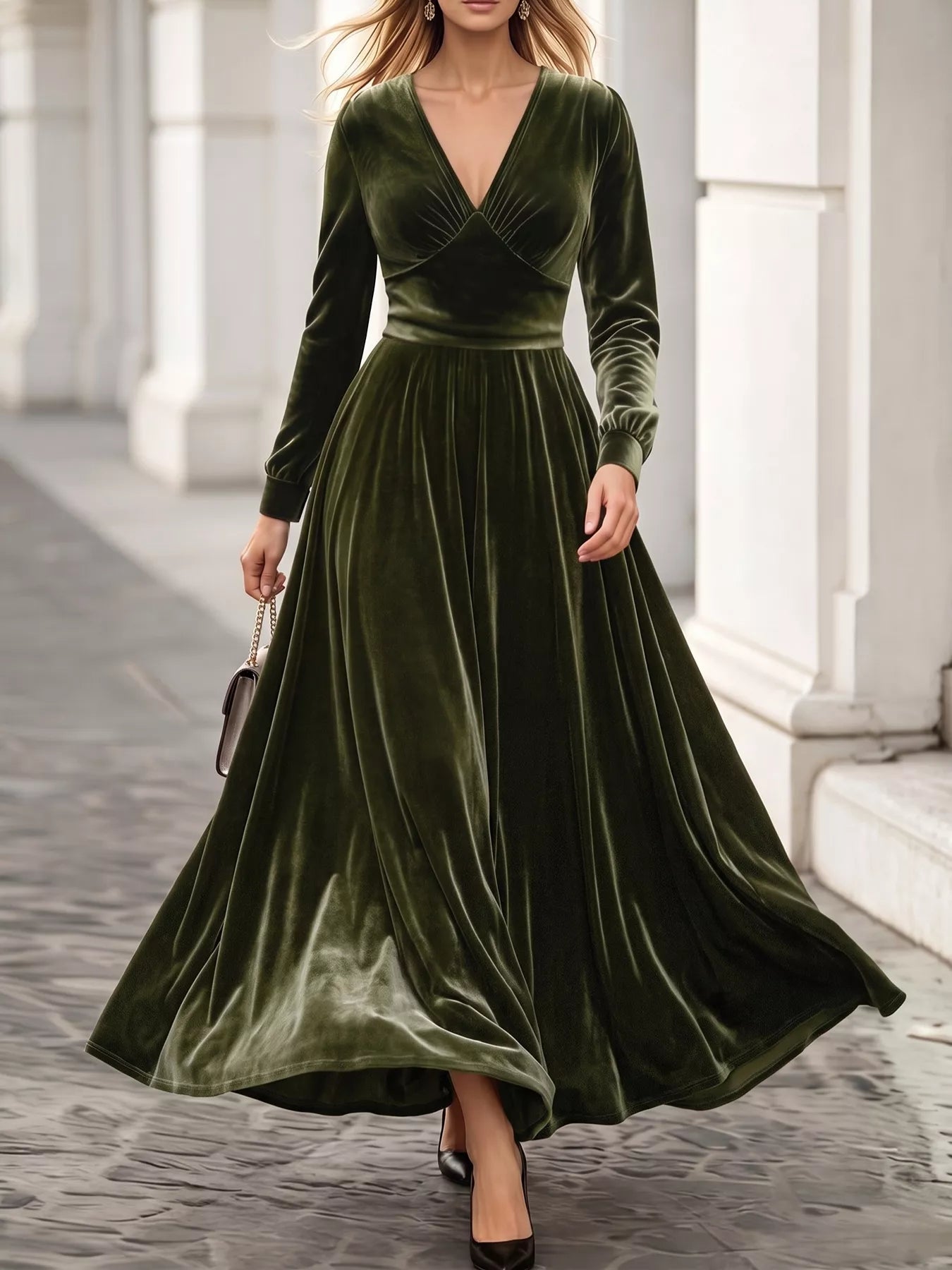 Trendsi Plus Size V-Neck Long Sleeve Velvet Maxi Dress -