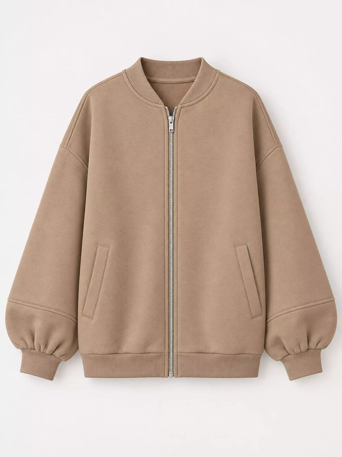 Tan oversized zip-up jacket — front view