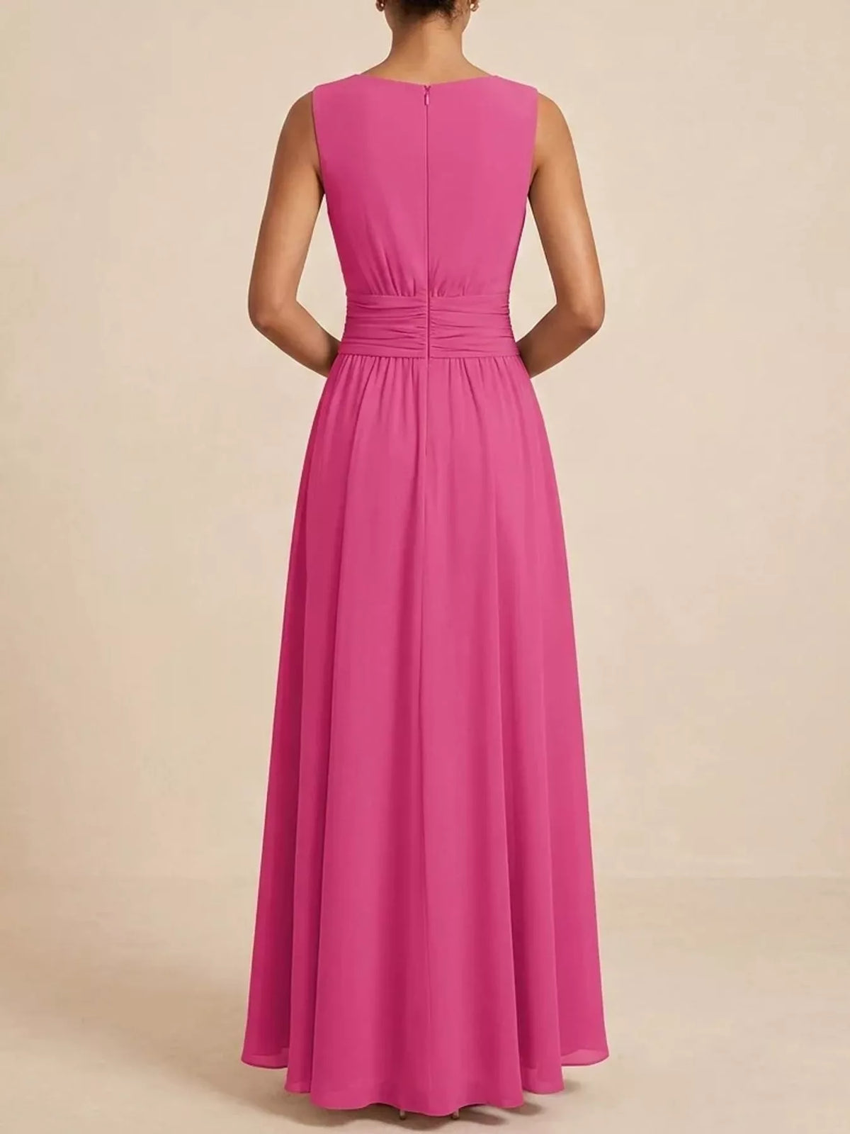 Fuchsia sleeveless ruched chiffon maxi dress, back view