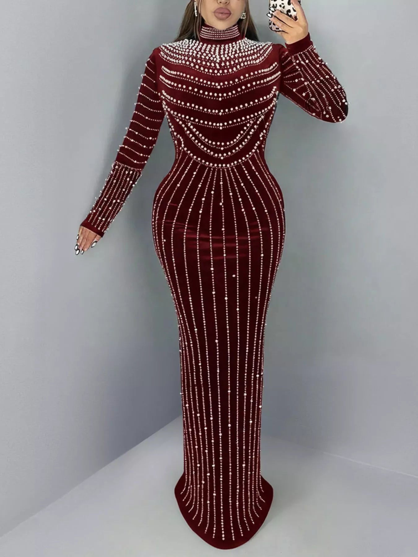 Trendsi Rhinestone Embellished Mock Neck Long Sleeve Maxi Dress -