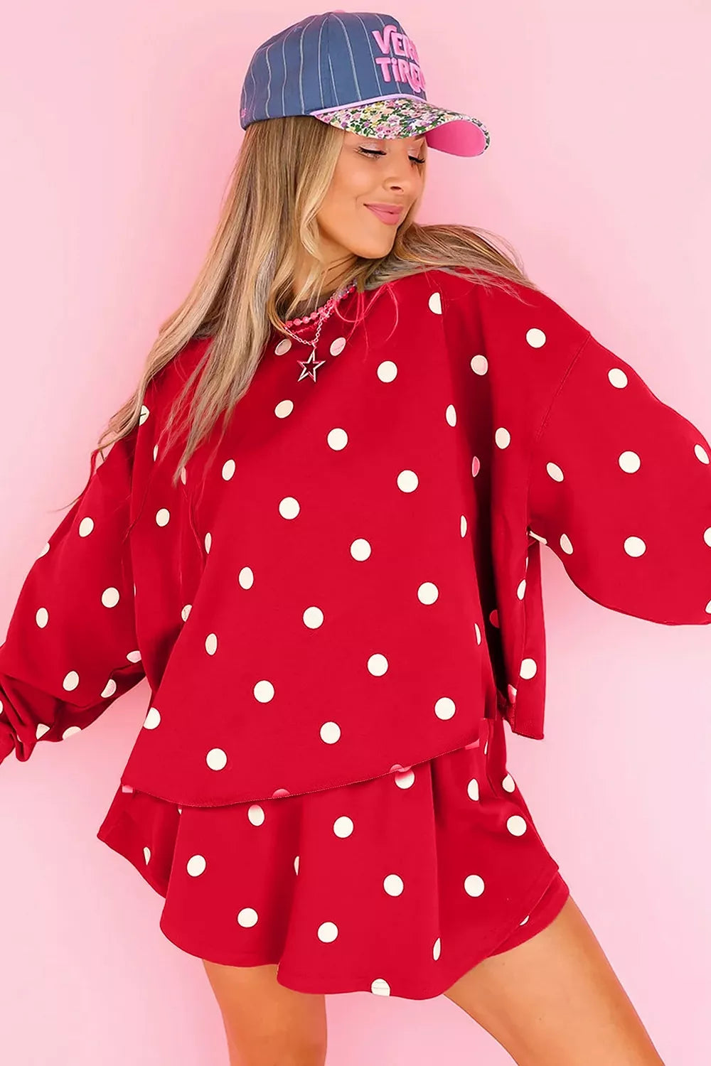 Polka Dot Raw Hem Top and Skort Set, front view