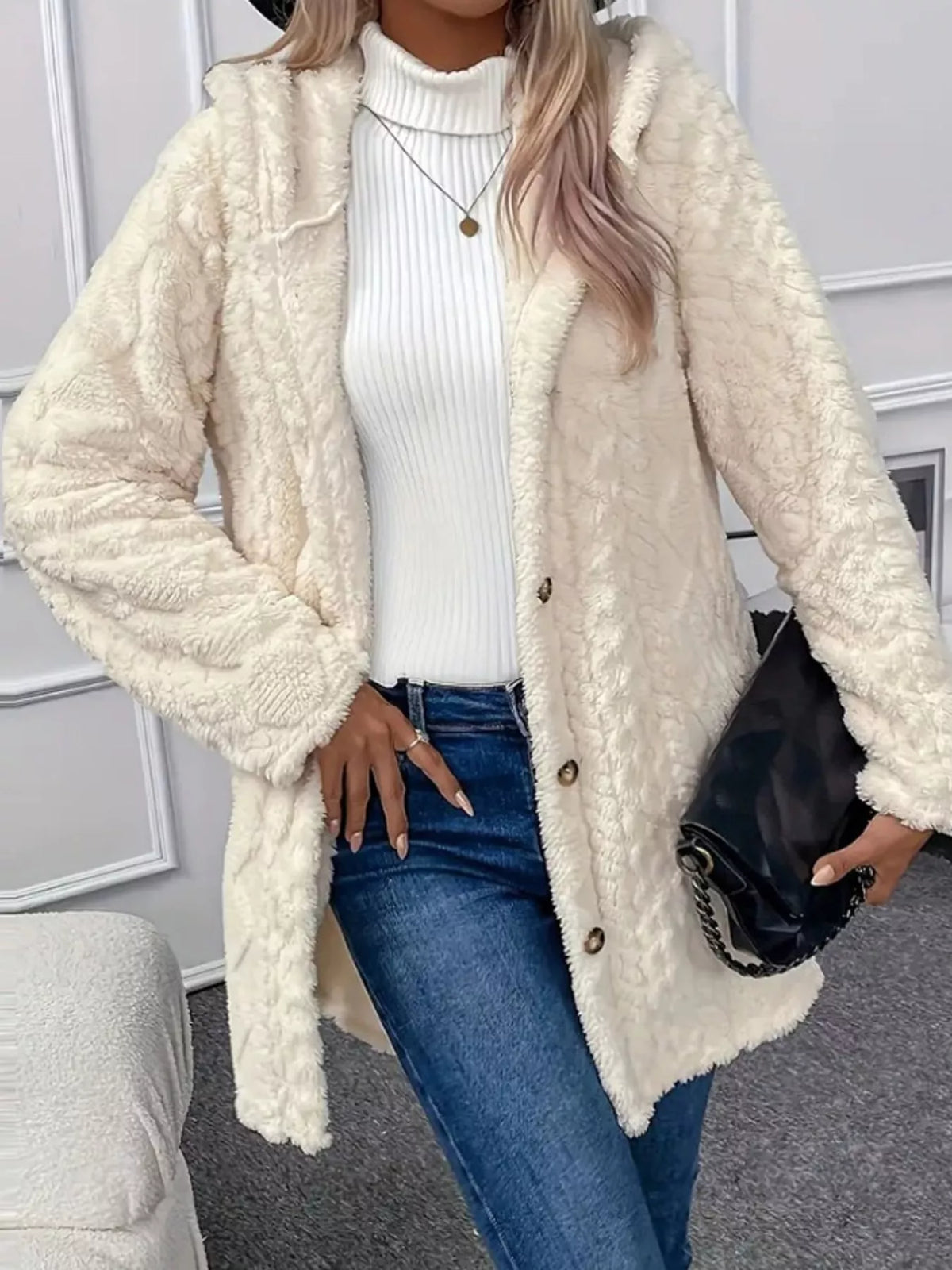 White cable knit faux fur hooded jacket