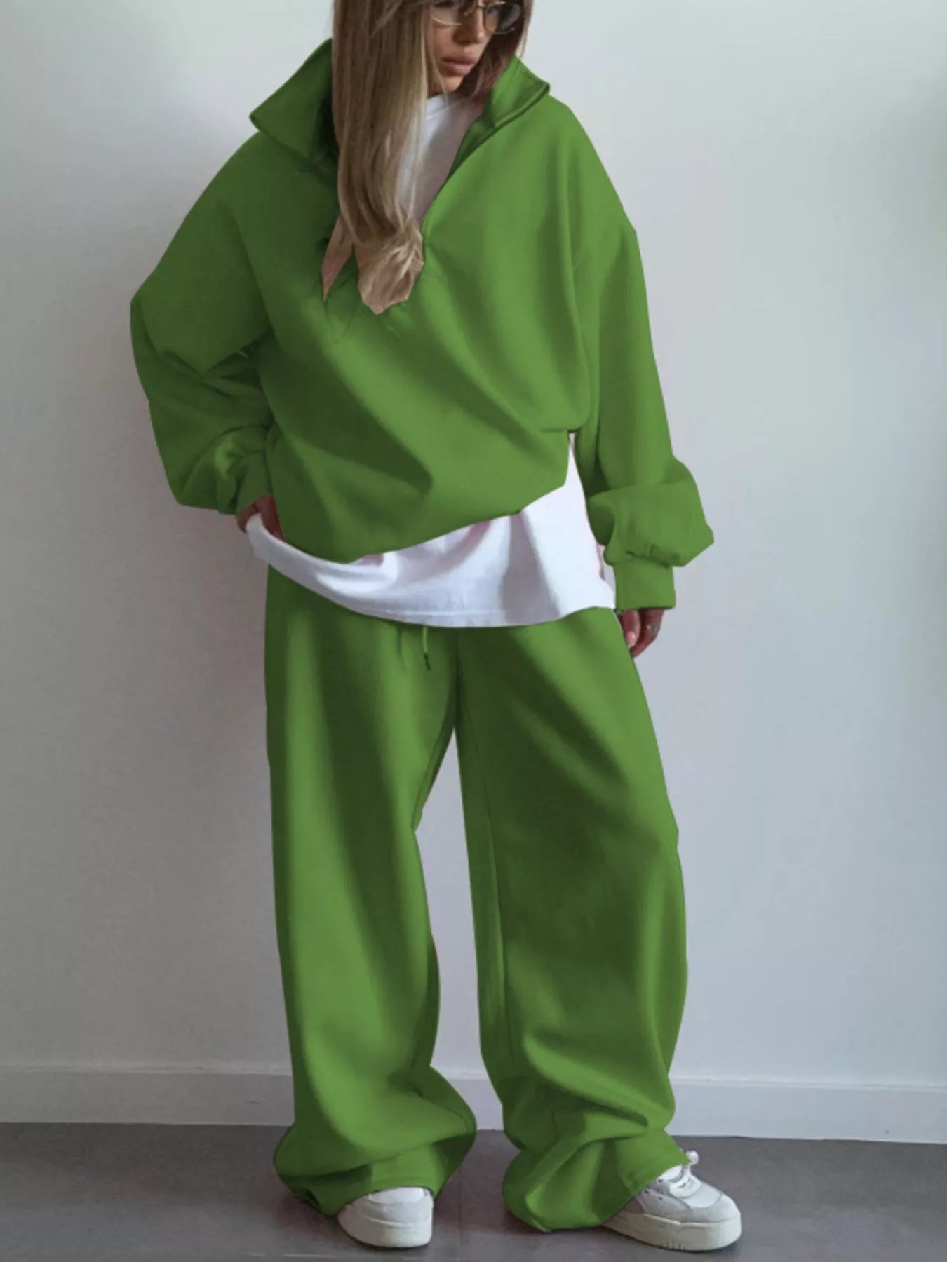 Trendsi Quarter-Zip Top and Wide-Leg Sweatpants Set -