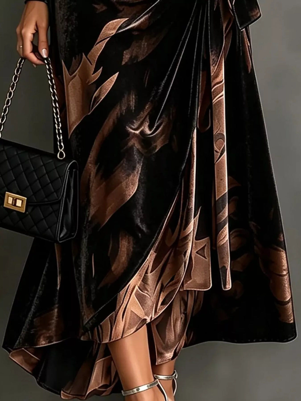 Brown and black tie-detail surplice dress, midi skirt detail