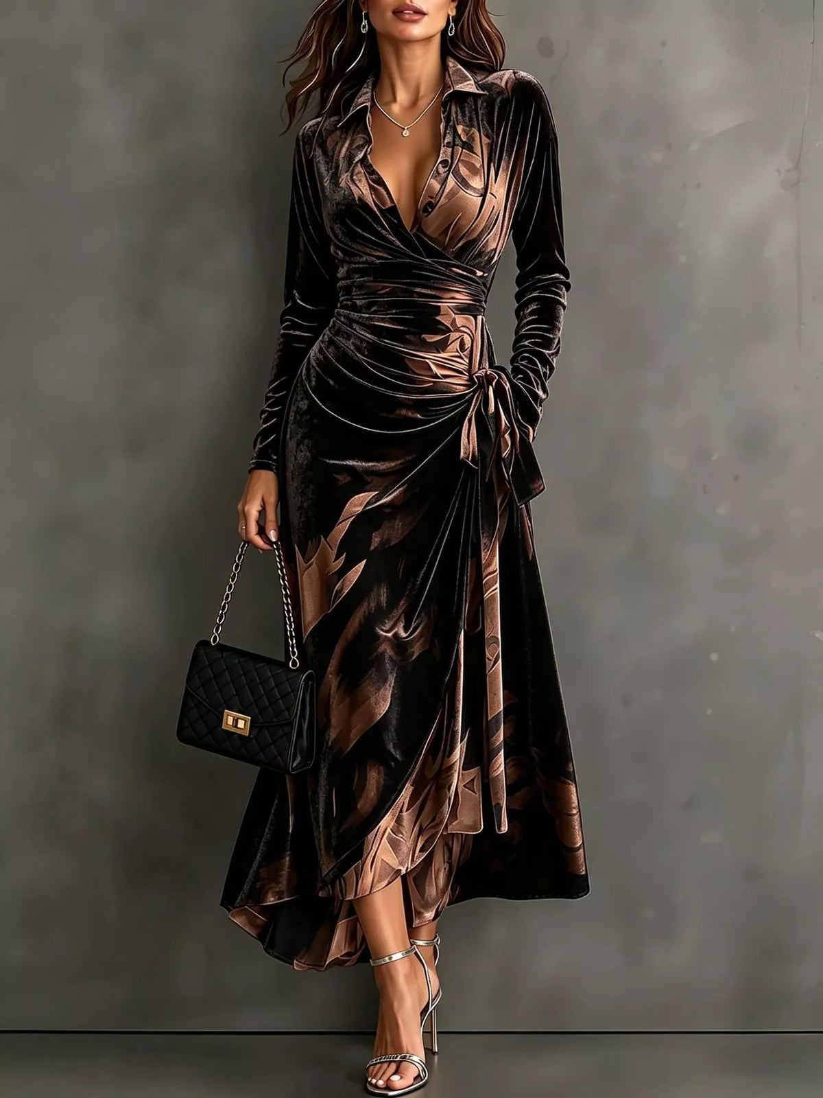 Brown and black tie-detail surplice dress, long sleeve midi style