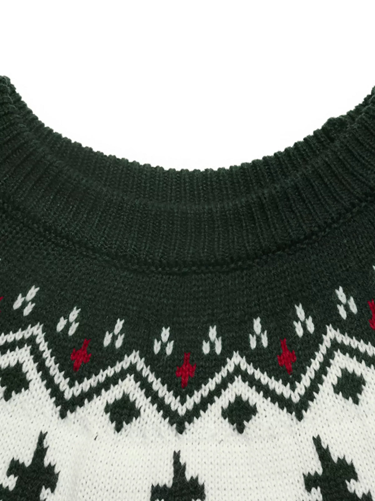 Dark green Christmas tree sweater, neckline detail